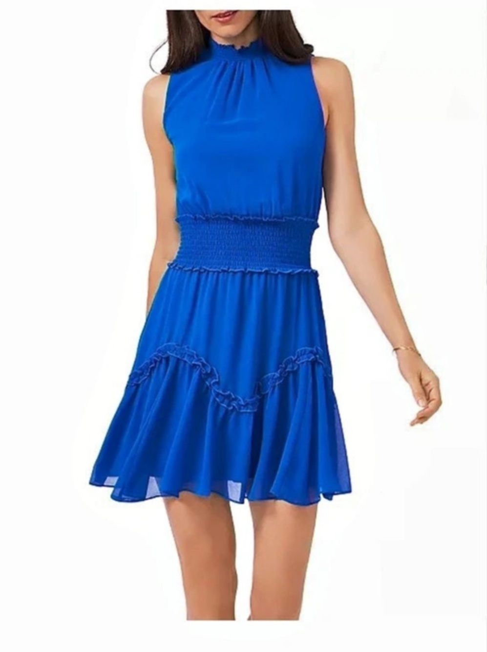 1.STATE Smocked Mock Neck Sleeveless Ruffle Tiered Mini Dress Mini Dress Blue
